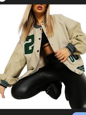 NWT Boohoo cream & green oversized varsity letterman jacket size 4
